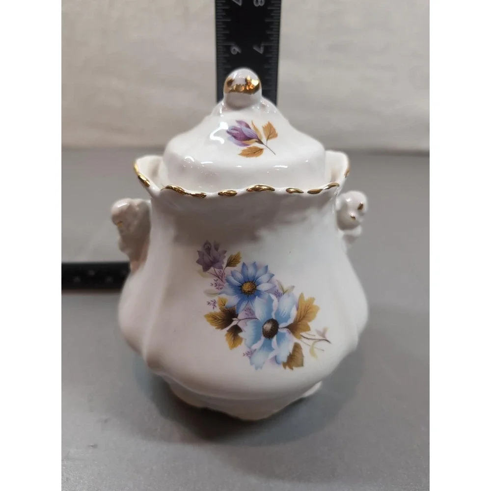 Vintage Porcelain Covered Sugar Bowl Floral Blue Purple Gold Trim Scalloped Edge